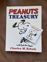 Two Peanuts themed books: a large hardcover 'Peanuts Treasury' by Charles M. Schulz and a smaller 'Oh Friend of Friends' Snoopy mini book on top. Both appear in great condition.