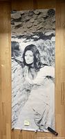 Full vertical image of the life size black and white poster showing Sophia Loren posing by rocks.
