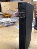 Spine of a black hardcover book titled 'Journal of the Plague Year' showing textured cover and embossed title.