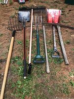 Photo showing 7 assorted garden implements including rakes, shovels, fork, and cultivator laid out on grass and pine needles.