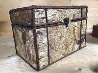 Angled view of the hinged birch bark storage box showing bark texture and twig framing