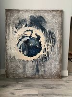 Full front view of the large abstract canvas showing the entire painting and its colors, textures, and condition.