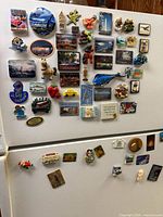 Full view of the refrigerator door covered in a large assortment of vintage travel and collectible fridge magnets showcasing various shapes, colors, and themes.