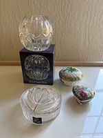 Full view of the vintage trinket boxes and crystal dome box showing details and original packaging