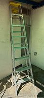 Front view of tall aluminum Werner Job Master ladder showing multiple steps and yellow top tool tray.