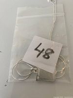 Silver necklace coiled inside transparent plastic bag, pendant partially visible with number tag 48 on top.