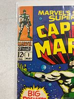 Captain Marvel #1 cover close-up showing title, 12¢ price, May date