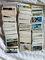 Stacks of Brooke Bond tea cards in two columns