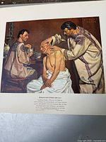 Color lithograph depicting Damian and Coelius examining a patient, with detailed period clothing and medical setting.