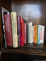 Photo of 17 Holocaust books lined up on a wooden shelf, showing titles and spine colors.