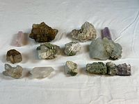 Multiple assorted mineral and crystal specimens arranged on white background showing clear, purple, green, and white colors, rough natural forms mostly small clusters with some matrix.