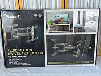 Front of box showing Starburst Technologies branding, product name, and images of the full-motion TV wall mount with swivel, tilt, and extend functionalities.
