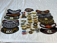 Full lot overview showing multiple black and colored cloth patches and metal pins arranged on white surface.