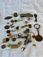 Photo showing the full assortment of vintage lapel pins, keychain, and metal money clip spread on fabric surface.