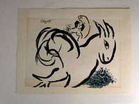 Overview of front side showing black brushstroke horse and rider motif with green foliage accents