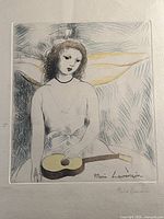 Close-up of print showing seated female figure, guitar, watercolor highlights and artist signature lower right