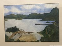 Frontal view of the watercolor painting showing the lake, dock, and duck figures with mountainous backdrop.