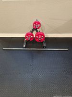Full view showing barbell lying horizontally and weight tree with weight plates and clamps arranged vertically against the wall on a black floor mat.