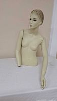 Full view of the mannequin torso showing head and one attached arm, beige color, smooth surface.