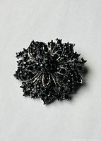 Front of vintage mourning brooch showing black stones and floral design on white background.