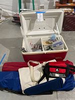 Large white Igloo cooler filled with picnic items including plastic plates, bowls, tumblers, skewers, and a food cover. Also visible are two foldable chairs in bags and smaller coolers and totes.