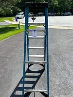 Front view of Werner 6-foot ladder showing blue frame and silver steps with the label attached.