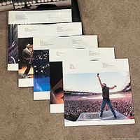 Five vinyl LPs with printed concert photo sleeves laid out on floor, showing Bruce Springsteen on stage and crowd images.