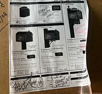 Photo of catalog page showing mailbox model, sizes, colors, and personalized plaque options.