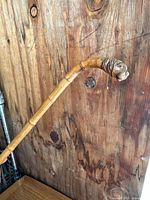 Close-up photo of the cane handle carved into a detailed lions head showing the intricate features, set against wood background.