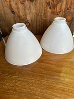 Pair of white milk glass lamp diffusers with textured surface, conical shape, and narrow neck openings shown side by side on wooden surface against wood background.