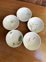 Five porcelain dishes displaying various hand painted botanical designs on a wooden surface
