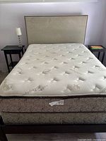 Full view of the double bed with headboard, mattress, and bed frame showing the overall setup and condition.