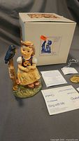 Figurine, box, paperwork, medallion displayed
