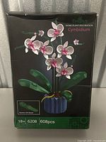 Front of box showing assembled Cymbidium orchid model with white and pink flowers in a blue-striped pot.
