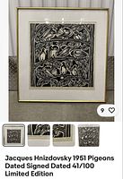 Full view of framed linocut print showing black and white pigeons in tree within gold frame.