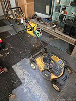 Overall side-angle view of mower showing handle, deck and wheels