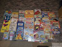 Photo shows full layout of 40 books including Magic School Bus, Arthur series, Franklin, Dr. Seuss and others, arranged on carpet.