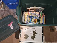 Photo of green tote bin filled with colorful nature reference books and botanical educational materials.