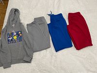 One photo showing all four items laid flat: a gray Space Jam hoodie and three sweatpants in gray, royal blue, and red colors.