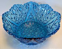 Overall view of aqua blue pressed glass bowl showing scalloped rim and Daisy & Button pattern