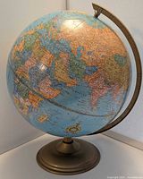 Full view of globe on base showing meridian and overall design