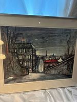 Full frontal image of the framed art print showing urban scene and overall condition