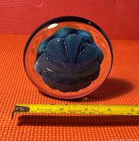Top and side views of a round clear glass paperweight with a dark blue sea creature design inside, placed next to a tape measure showing about 3 inch diameter.