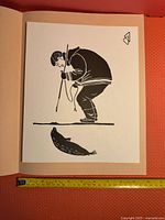 Black and white Indigenous art print showing a hunter with spear and seal below, ruler for scale.