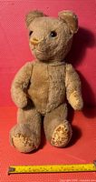 Full view of the vintage teddy bear showing worn fabric, discoloration on paws, and measuring about 12 inches in height.