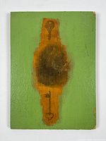 Photo of the rectangular wood panel artwork with photo transfer showing two antique-style keys, green background, some wear on edges.