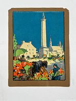 Front view of colorful Old Montreal art print mounted on brown card showing the scene with monument, figures, horse-drawn cart and flowers under bright blue sky.