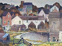 Close-up of houses and barns in artwork