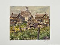 Close-up frontal view of lithograph showing rural houses, fences and grassy field.