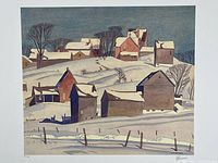 Crop showing snow-covered barns and houses on hillside